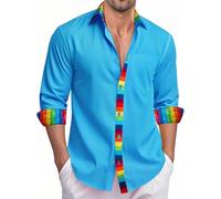 Ailisus Rainbow Shirts for Men Blue Long Sleeve Button Up Casual Dress Shirt Gay Les LGBTQ Outfit Pride Love Striped Shirt