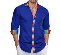 Ailisus Rainbow Shirts for Men Blue Long Sleeve Button Up Casual Dress Shirt Gay Les LGBTQ Outfit Pride Love Striped Shirt