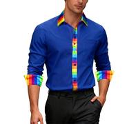 Ailisus Rainbow Shirts for Men Blue Long Sleeve Button Up Casual Dress Shirt Gay Les LGBTQ Outfit Pride Love Striped Shirt