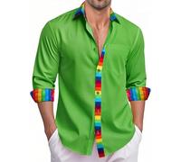 Ailisus Rainbow Shirts for Men Green Long Sleeve Button Up Casual Dress Shirt Gay Les LGBTQ Outfit Pride Love Striped Shirt