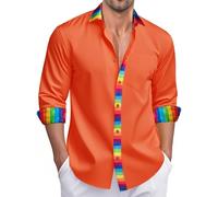Ailisus Rainbow Shirts for Men Orange Long Sleeve Button Up Casual Dress Shirt Gay Les LGBTQ Outfit Pride Love Striped Shirt