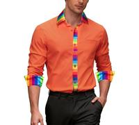 Ailisus Rainbow Shirts for Men Orange Long Sleeve Button Up Casual Dress Shirt Gay Les LGBTQ Outfit Pride Love Striped Shirt