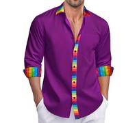 Ailisus Rainbow Shirts for Men Purple Long Sleeve Button Up Casual Dress Shirt Gay Les LGBTQ Outfit Pride Love Striped Shirt