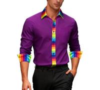 Ailisus Rainbow Shirts for Men Purple Long Sleeve Button Up Casual Dress Shirt Gay Les LGBTQ Outfit Pride Love Striped Shirt