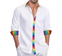 Ailisus Rainbow Shirts for Men White Long Sleeve Button Up Casual Dress Shirt Gay Les LGBTQ Outfit Pride Love Striped Shirt