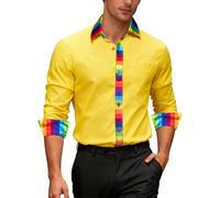 Ailisus Rainbow Shirts for Men Yellow Long Sleeve Button Up Casual Dress Shirt Gay Les LGBTQ Outfit Pride Love Striped Shirt