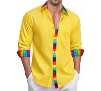 Ailisus Rainbow Shirts for Men Yellow Long Sleeve Button Up Casual Dress Shirt Gay Les LGBTQ Outfit Pride Love Striped Shirt