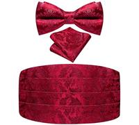 Ailisus Red Bow Tie and Cummerbund Set Floral Tuxedo Cumberband for Men with Pretied Bowtie Pocket Square Wedding Galas