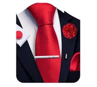 Ailisus Red Striped Tie and Handkerchief,Tie Clip Cufflinks Lapel Pin Set Wedding Party Silk Solid Necktie Set Formal