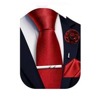 Ailisus Red Tie for Men Classic Silk Woven Necktie and Pocket Square Lapel Pin Tie Clip Set for Wedding Party Formal Casual