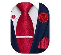 Ailisus Red Ties for Men Paisley Silk Necktie and Pocket Square Cufflinks Lapel Pin Tie Clip Set Wedding Formal 5PCS