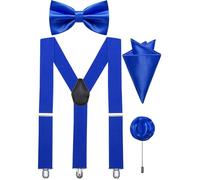 Ailisus Royal Blue Bow Tie and Braces Adjustable Mens Elastic Y-Back Suspenders Bowtie Pocket Square Lapel Pin Set Wedding Tuxedo