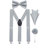 Ailisus Silver Bow Tie and Braces Adjustable Mens Elastic Y-Back Suspenders Bowtie Pocket Square Lapel Pin Set Wedding Tuxedo