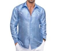 Ailisus Sky Blue Men's Silk Shirts Paisley Long Sleeve Button Down Dress Shirt Western Casual Tops Woven Party Wedding