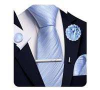 Ailisus Sky Blue Striped Tie and Handkerchief,Tie Clip Cufflinks Lapel Pin Set Wedding Party Silk Solid Necktie Set Formal