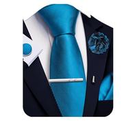 Ailisus Teal Blue Striped Tie and Handkerchief,Tie Clip Cufflinks Lapel Pin Set Wedding Party Silk Solid Necktie Set Formal