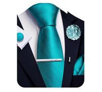 Ailisus Teal Striped Tie and Handkerchief,Tie Clip Cufflinks Lapel Pin Set Wedding Party Silk Solid Necktie Set Formal
