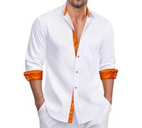 Ailisus White Orange Men's Shirts Casual Long Sleeve Button Down Regular Fit Contrast Collar Formal Dress Shirt for Business Wedding M
