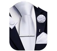 Ailisus White Tie and Pocket Square Set Solid Necktie Cufflinks Tie Clip Lapel Pin for Men Wedding Business 5PCS