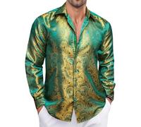 Ailisus Yellow Green Men's Silk Shirts Paisley Long Sleeve Button Down Dress Shirt Western Casual Tops Woven Party Wedding