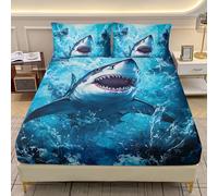 AILONEN 3D Shark Fitted Sheet Set Twin Size,Blue Shark Fish Bed Sheet Set for Kids Boys,Sea Animal Ocean Themed Fitted Sheet with 2 Pillowcases,3Pcs