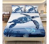 AILONEN Blue Sea Turtle Fitted Sheet Set, Twin Size, Cartoon Turtle and Water Plant Bedding Set for Kids,Boys,Girls,Kawaii Ocean Animal Theme Bed Sheet Set,3-Piece, 1 Fitted Sheet + 2 Pillowcases