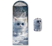AILONEN Cartoon White Cat Sleeping Bag for Kids Girls,Warm and Cool Weather,Lightweight,Waterproof Backpacking,Kawaii Snowflake Printed Kitten Sleeping Bag for Camping
