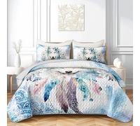 AILONEN Dreamcatcher Wolf Bedding Quilt Set King Size,Blue Watercolor Mandala Boho Bedspread Coverlet for Kids Boys Girls Adults,3 Pieces (Quilt,2 Pillowcases)