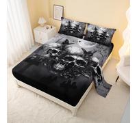AILONEN Goth Skull Bedding Set Full Size for Boys,Kids Black Skull Fitted Sheet + Flat Sheet + 2 Pillowcases,16" Deep Pocket Terror Death Moth Skeleton Bed Sheet Set