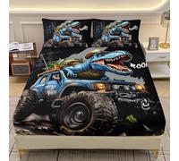 AILONEN Kids Blue Monster Truck Fitted Sheet Set,Roaring Dinosaur Car Bedding Set Twin Size,Extreme Sport Truck Bedsheets Set for Boys Bedroom Decor,3-Piece,1 Sheet Set + 2 Pillowcases