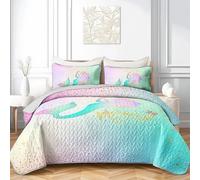 AILONEN Kids Cute Mermaid Quilts Set Twin Size,Little Mermaid Quilted Bedspread Coverlet for Girls Bedroom Decor,Soft Lightweight Rainbow Bedding 3 Pieces,1 Quilt,2 Pillowcases