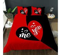 AILONEN Kids' Twin Size Bedding Set, 3 Piece Duvet Cover & Pillowcase Set, Red & Black, Love Pattern, Modern, Unisex, Machine Washable
