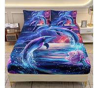 AILONEN Ocean Dolphin Fitted Sheet Set Queen Size,Red and Blue Lightning Floral Dolphin Bedding Set for Kids Girls,3-Piece Soft Fitted Sheet with 2 Pillowcases
