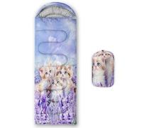 AILONEN Purple Floral Cat Camping Sleeping Bags,Lightweight & Waterproof,3 Season Warm & Cool Weather,Kawaii Sleeping Bags for Kids Girls Adults,Travelling,Outdoors