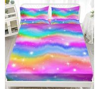 AILONEN Rainbow Fitted Sheet Twin Size,Rainbow Starry Glitter Bed Sheet Set,Colorful Tie Dye Sheets,Teens Girls Fantasy Dreamy Bedsheet 3 Pieces, 1 Fitted Sheet and 2 Pillowcases