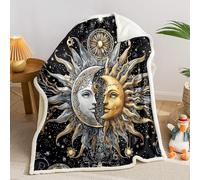 AILONEN Sun and Moon Sherpa Fleece Blanket,Boho Galaxy Starry Sky Mandala Throw Blankets,Gold Silver Astrology Pattern Aesthetic Blanket for Bed Couch Sofa Decor, 78 x 59 Inches