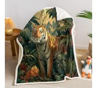 AILONEN Tiger Throw Blanket,Forest Wildlife Printed Fleece Sherpa Blanket for Kids Boys Girls,Green Leaves Soft Cozy Blankets Bed Sofa Decor, 59 x 47 Inches