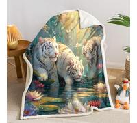 AILONEN White Tiger 59 x 47 Inches Throw Blanket,Cute Tiger & Pink Lotus Fleece Sherpa Blanket for Kids Girls,Beautiful Forest Floral Wildlife Blanket,Soft Lightweight