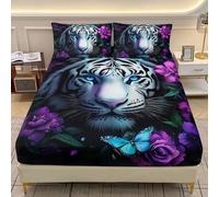 AILONEN White Tiger Fitted Sheet Set Twin XL Size, Purple Flowers Green Leaves Bedding Set for Kids Teens Adults,Wild Animal Tiger Printed Bedsheets Set,1 Fitted Sheet and 2 Pillowcases,3Pcs