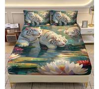 AILONEN White Tiger Twin Size Fitted Sheet Set,Cute Tiger & Pink Lotus Bedding Set for Kids Girls,3-Piece Beautiful Forest Floral Wildlife Fitted Sheet + 2 Pillowcases