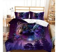 AILONEN Wolf Duvet Cover Set King Size,Purple Starry Night Galaxy Wolf Bedding Set,Fantasy Wolves Comforter Cover Set,3Pcs Boys Girls Wild Animals Pattern Duvet Cover, 1 Quilt Cover and 2 Pillowcases
