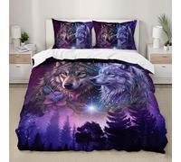 AILONEN Wolf Duvet Cover Set King Size,Purple Starry Night Galaxy Wolf Bedding Set,Fantasy Wolves Comforter Cover Set,3Pcs Boys Girls Wild Animals Pattern Duvet Cover, 1 Quilt Cover and 2 Pillowcases