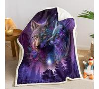 AILONEN Wolf Fleece Sherpa Blanket,Purple Starry Night Galaxy Wolf Throw Blanket,Wolf Head Print Blanket, 59 x 47 Inches Cozy Soft Warm Safari Animals Theme Blanket for Bed Couch,Boys Girls Blanket