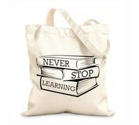 AILOONG Calico Women's Bags Learning Books Never Stop Learning Inspirational Quotes 12 oz thick fabric Foldable 35x40cm Large
