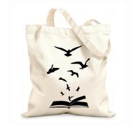 AILOONG Calico Women's Bags Open Book Flock Birds Study Library Literature Reading Room 12 oz thick fabric Foldable 35x40cm Large