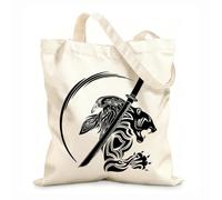 AILOONG Canvas Bag Oriental Sword Fight Tribal Big Cat Bird 12 oz thick fabric Sketching bag 31x36cm Medium