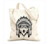 AILOONG Canvas Wine Gift Bag A wolf wearing an Indian chief's headdress 12 oz thick fabric Matches clothing 31x36cm Medium