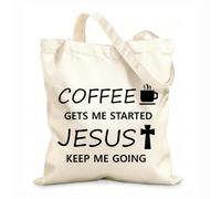 AILOONG coffee gets me started jesus keep me going Flat Tape Handle Tote Bag 12 oz thick fabric Replaces school bag 25x30cm Small