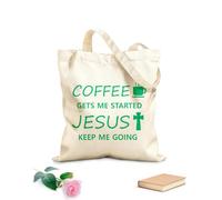 AILOONG coffee gets me started jesus keep me going Flat Tape Handle Tote Bag 340g/m² thick fabric Replaces school bag