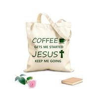 AILOONG coffee gets me started jesus keep me going Flat Tape Handle Tote Bag 340g/m² thick fabric Replaces school bag